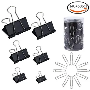 190 Pcs Assorted Size Binder Clips Large/Midium/Small/Minni   [50 Bonus Paper Clips] - 6 Sizes Paper Clamp - Sturdy Container Included (Black)
