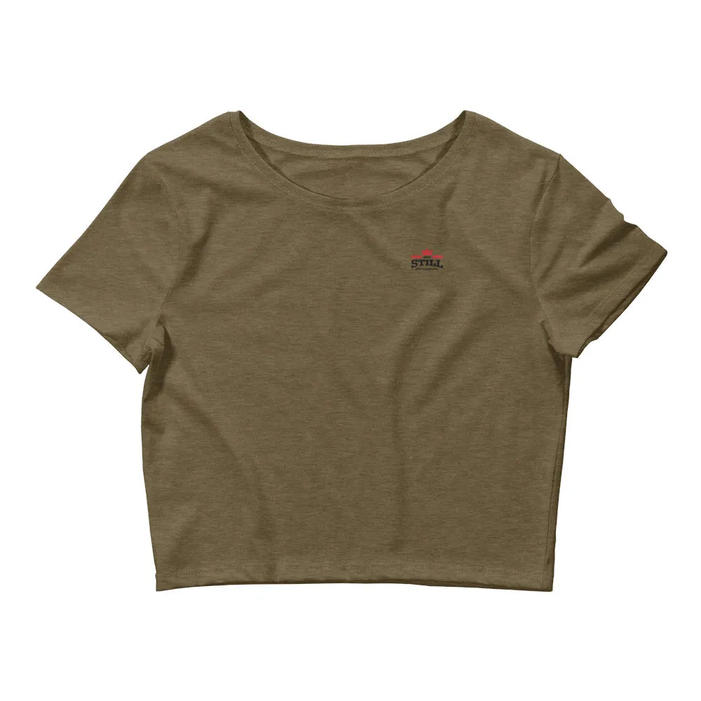 And Still Champion crest logo black lettering women's crop top
