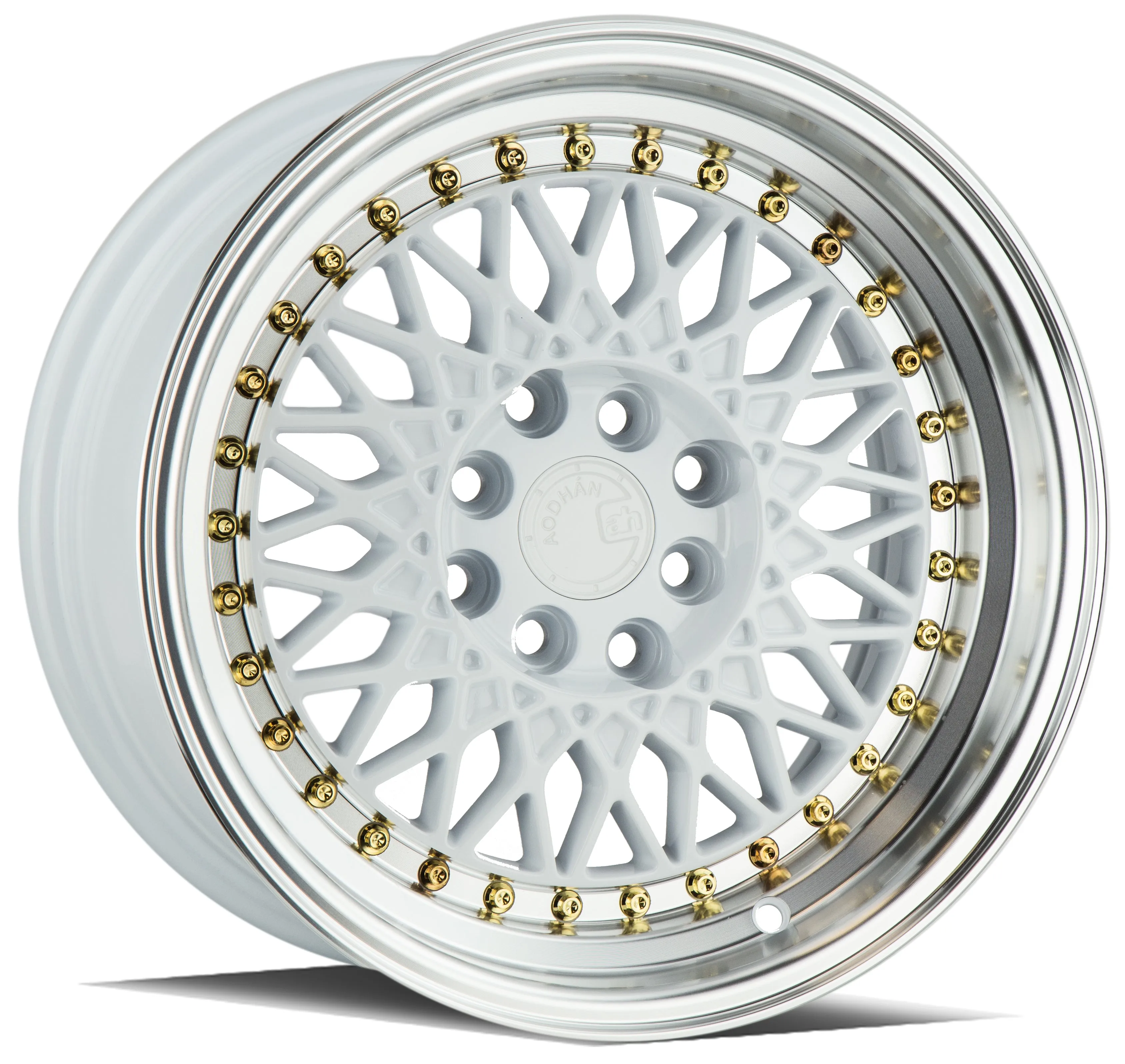 Aodhan AH05 16x8 4x100/114.3  15 White w/Machined Lip (Gold Rivets)