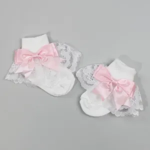 Baby Girl Fancy Lace Satin Pink Bow White Ankle Socks