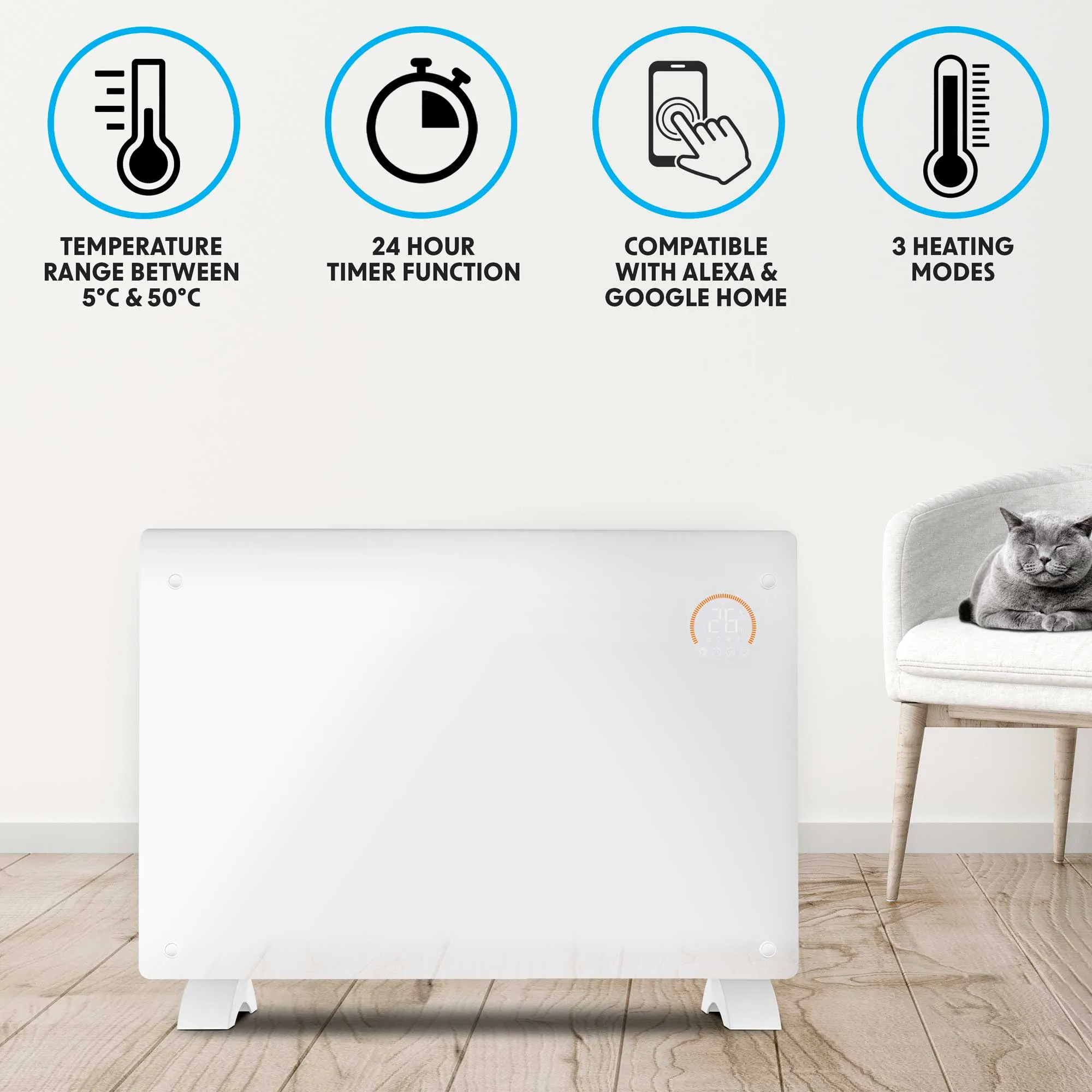 Baridi Electric Glass Panel Heater, 2000W, 24/7 Timer, Wi-Fi Enabled, Remote Control, White - DH140
