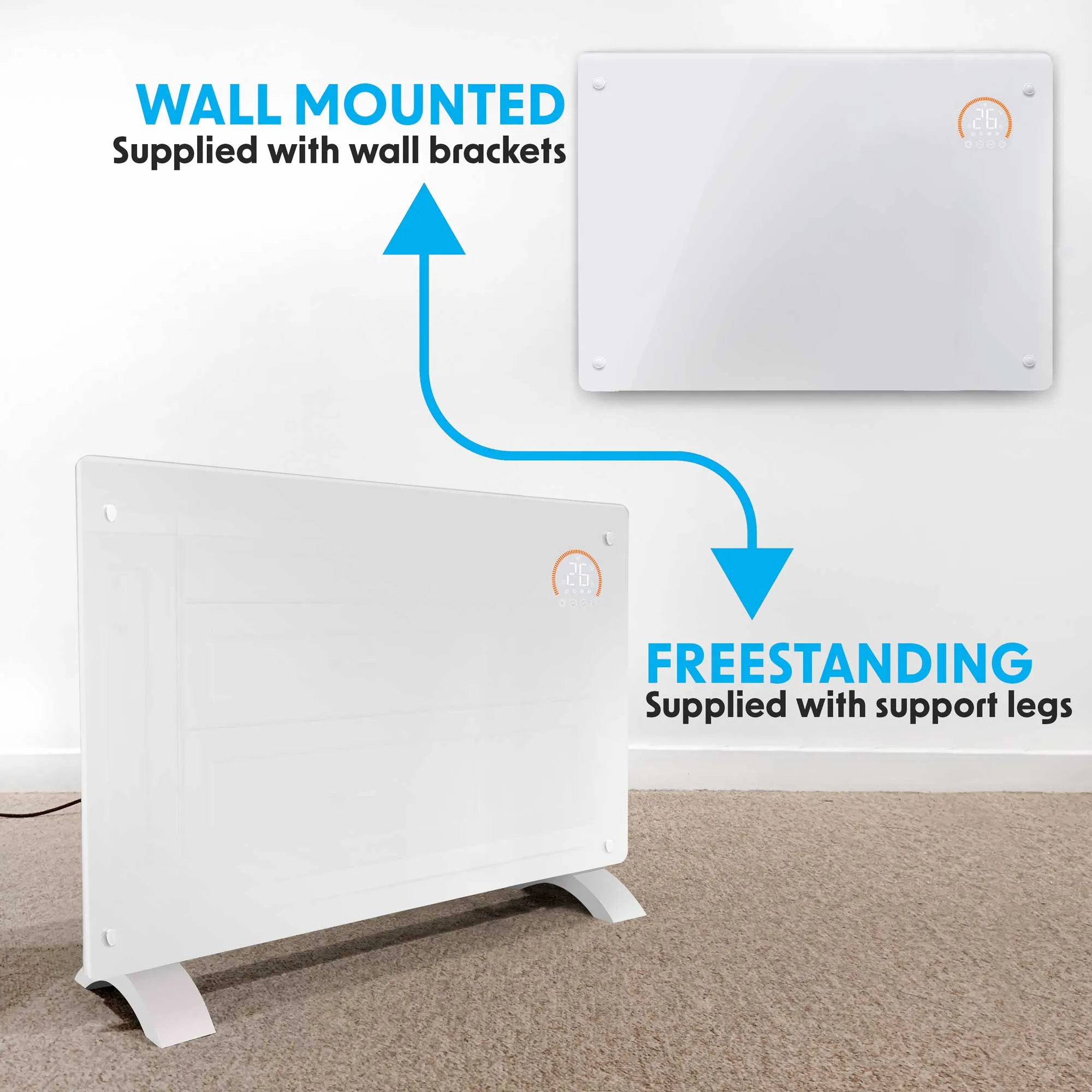 Baridi Electric Glass Panel Heater, 2000W, 24/7 Timer, Wi-Fi Enabled, Remote Control, White - DH140