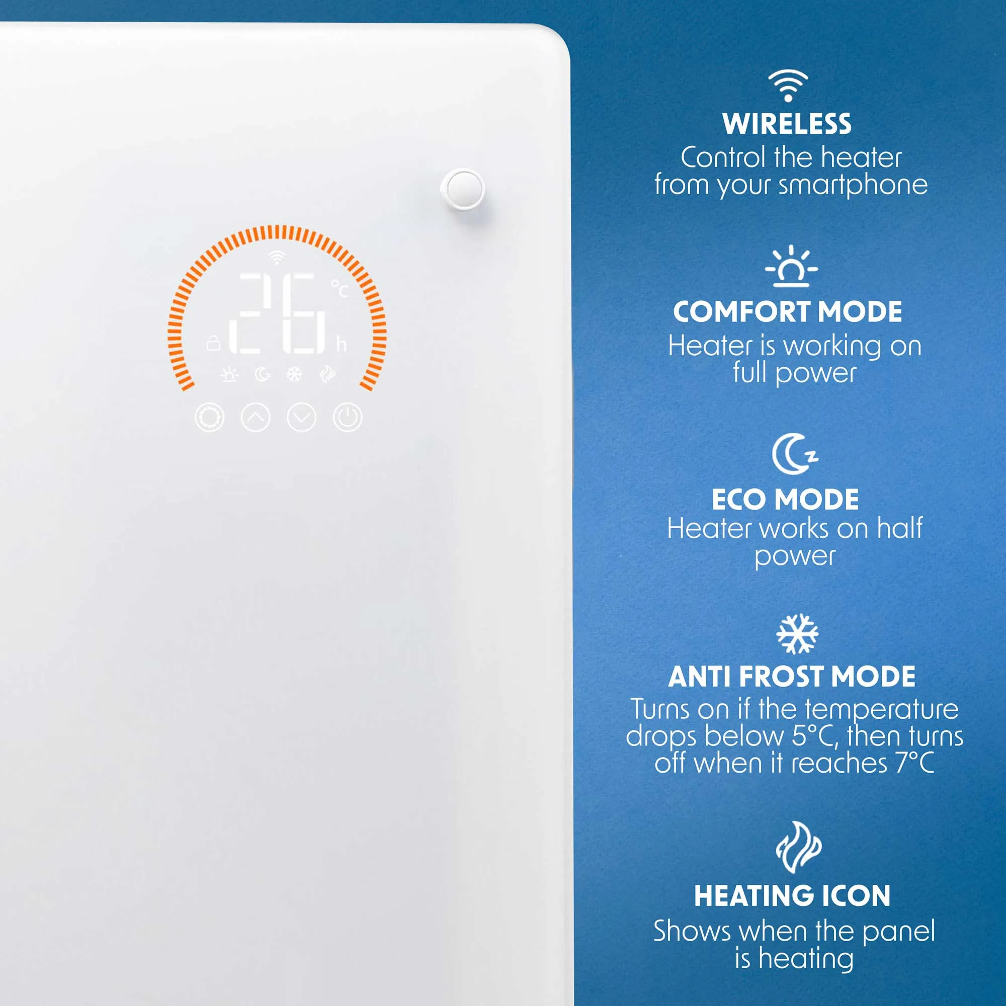 Baridi Electric Glass Panel Heater, 2000W, 24/7 Timer, Wi-Fi Enabled, Remote Control, White - DH140