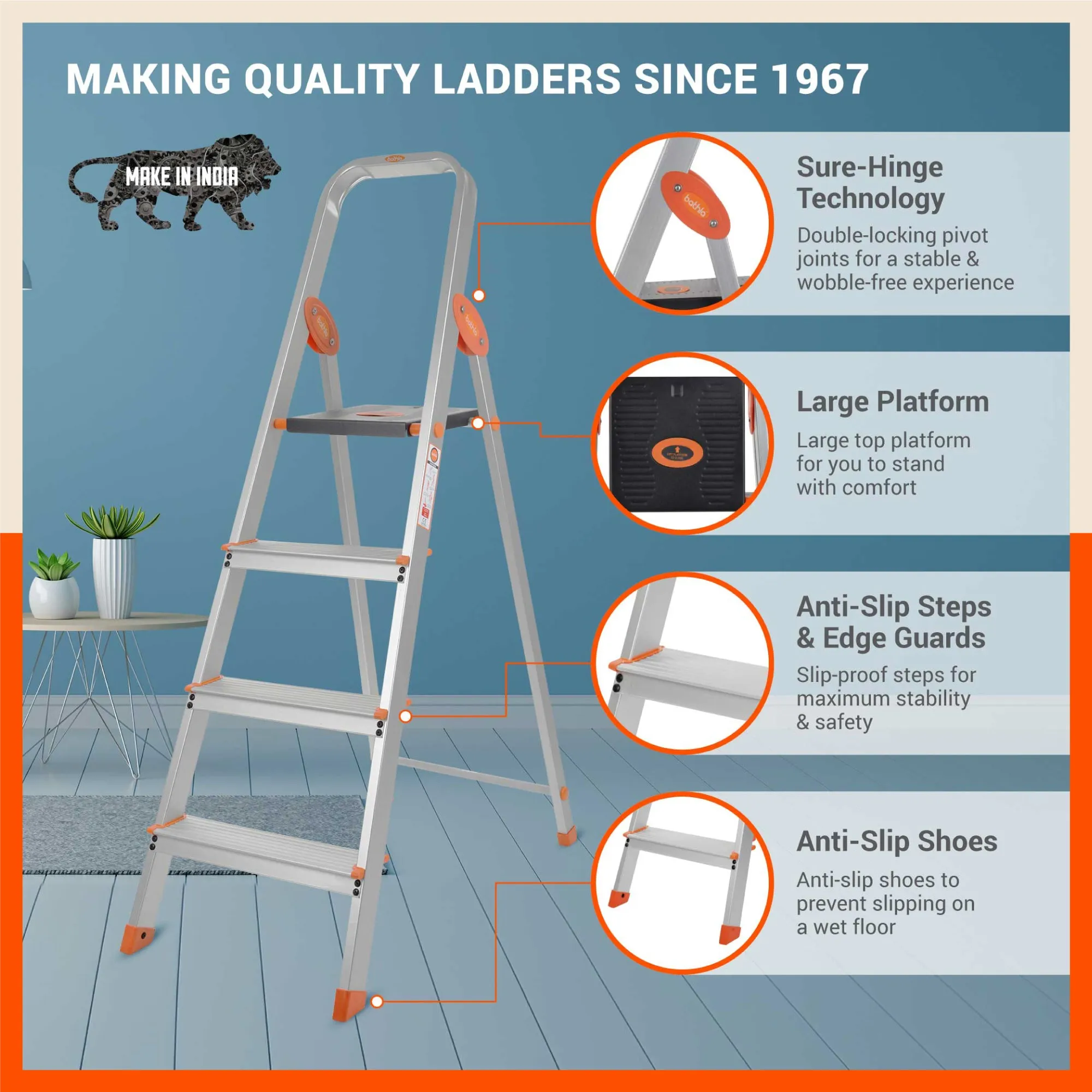 Bathla Advance Carbon - 4 Step Foldable Aluminium Ladder For Home (Orange)