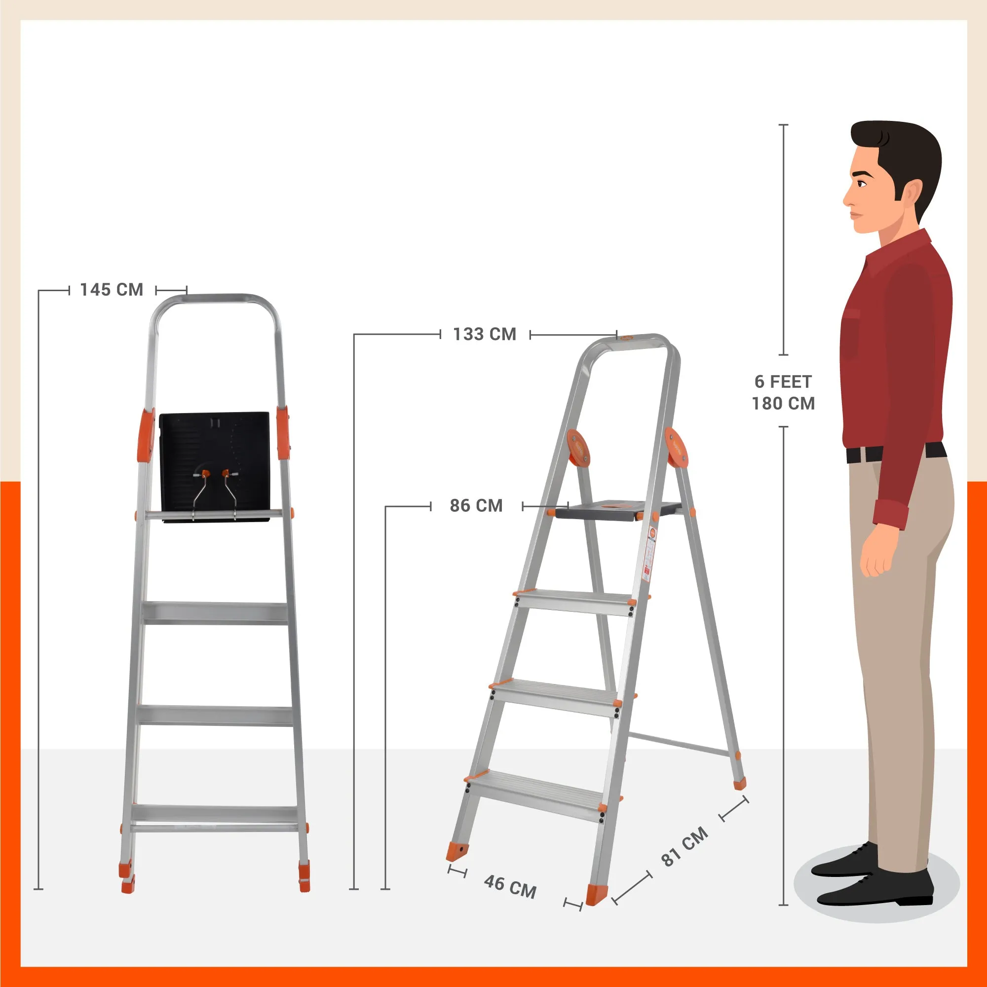 Bathla Advance Carbon - 4 Step Foldable Aluminium Ladder For Home (Orange)