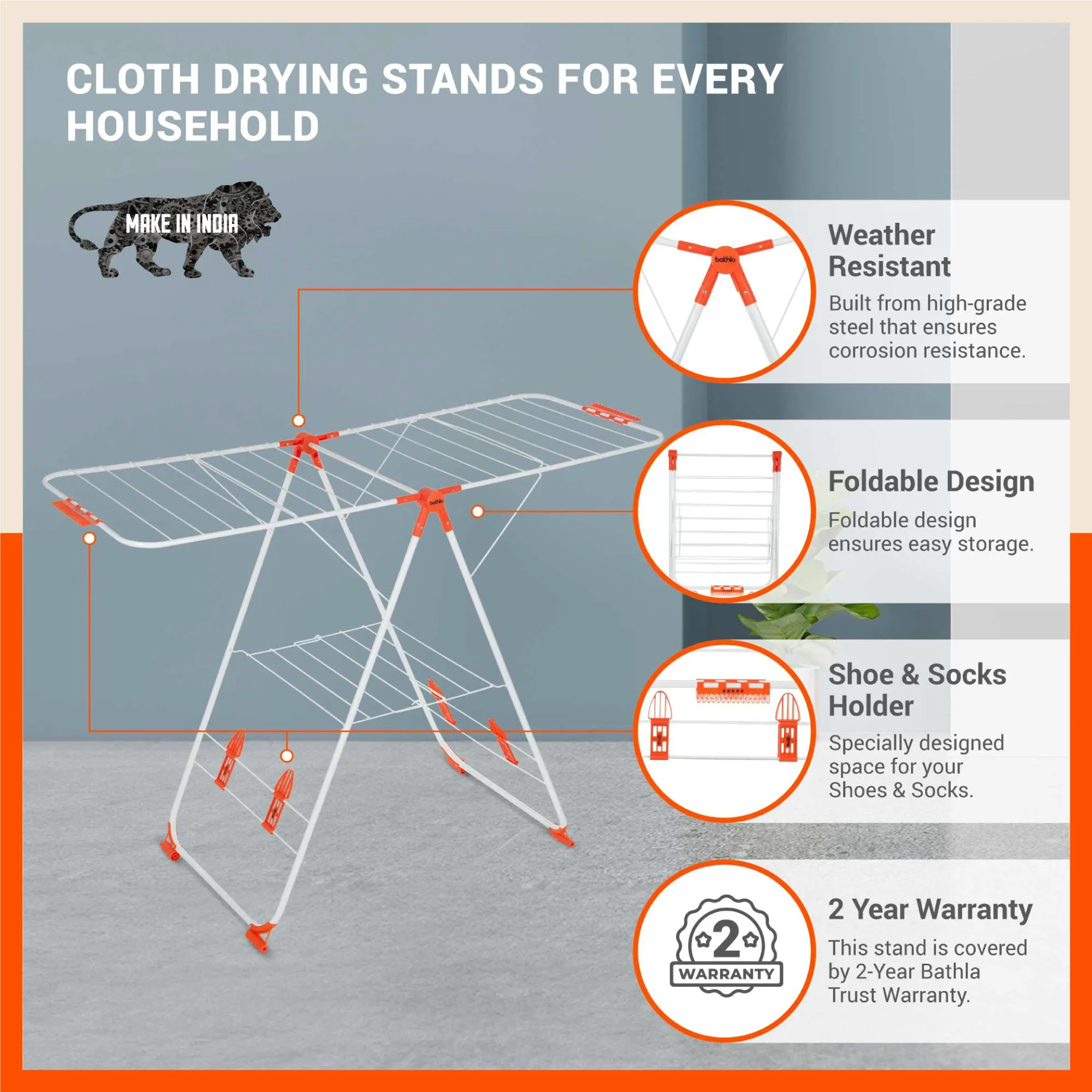 Bathla Mobidry Neo - Foldable Cloth Drying Stand For Home (Orange)