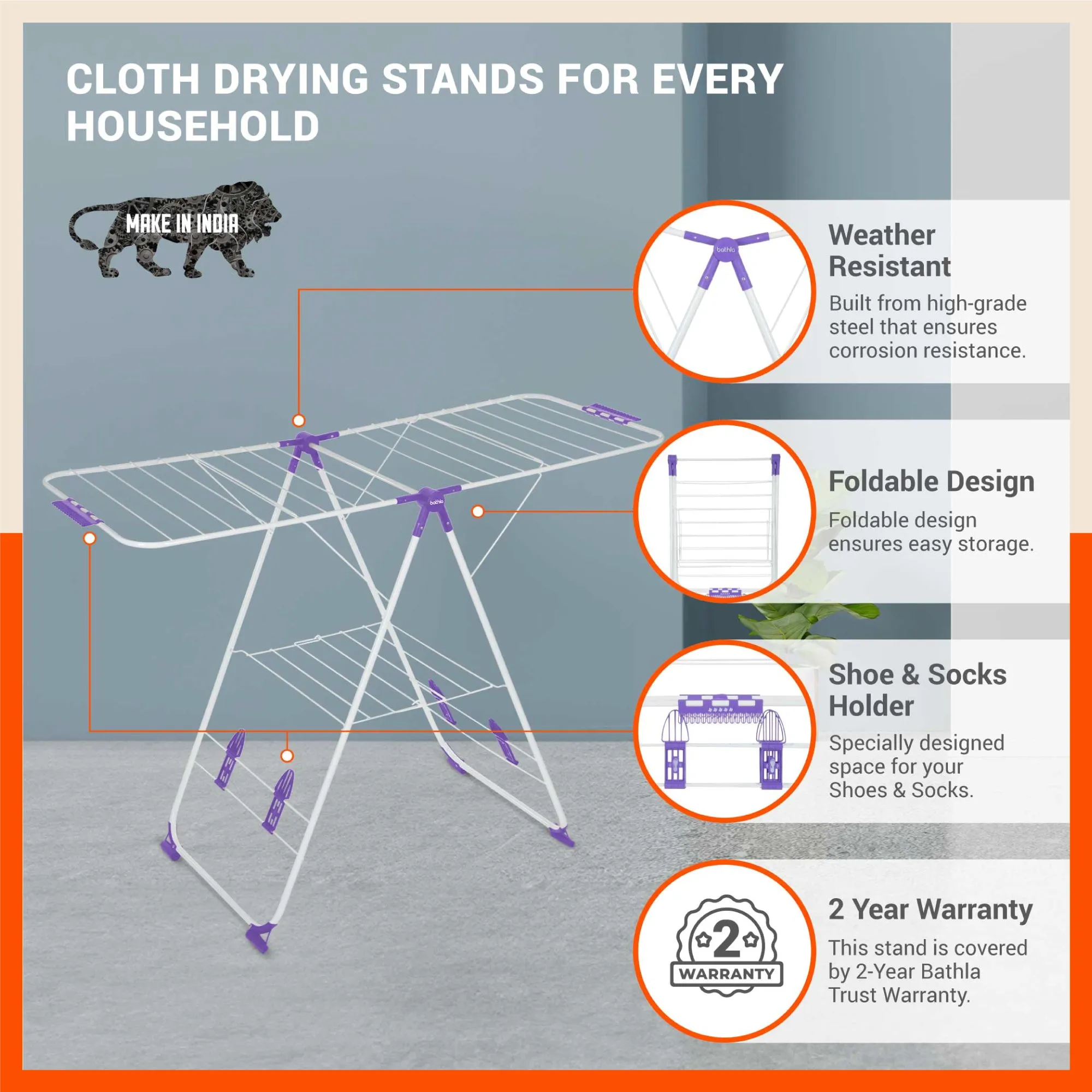 Bathla Mobidry Neo - Foldable Cloth Drying Stand For Home (Purple)