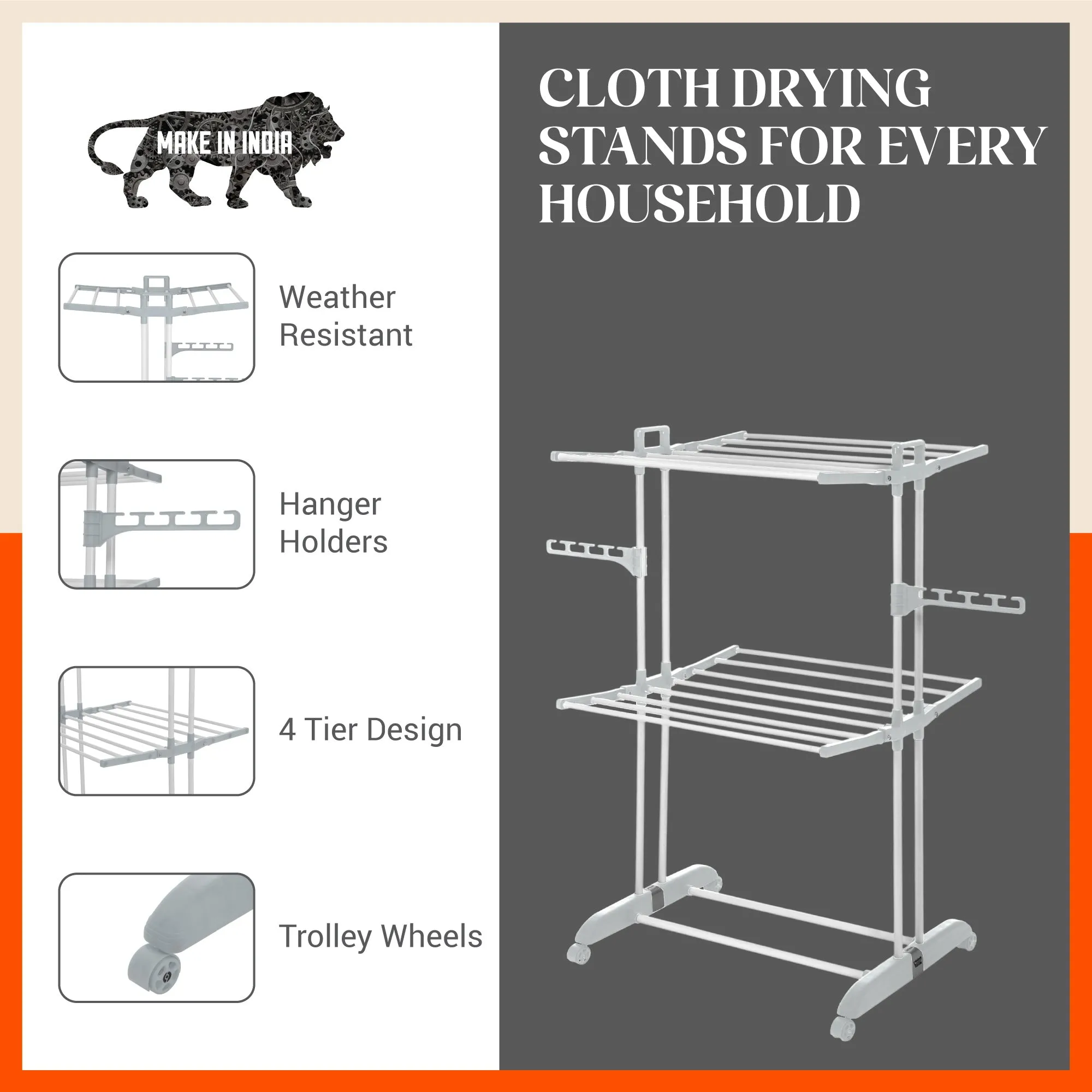 Bathla Mobidry Terra 2 Level Steel Modular Cloth Drying Stand For Home (Grey - Medium) Made in India