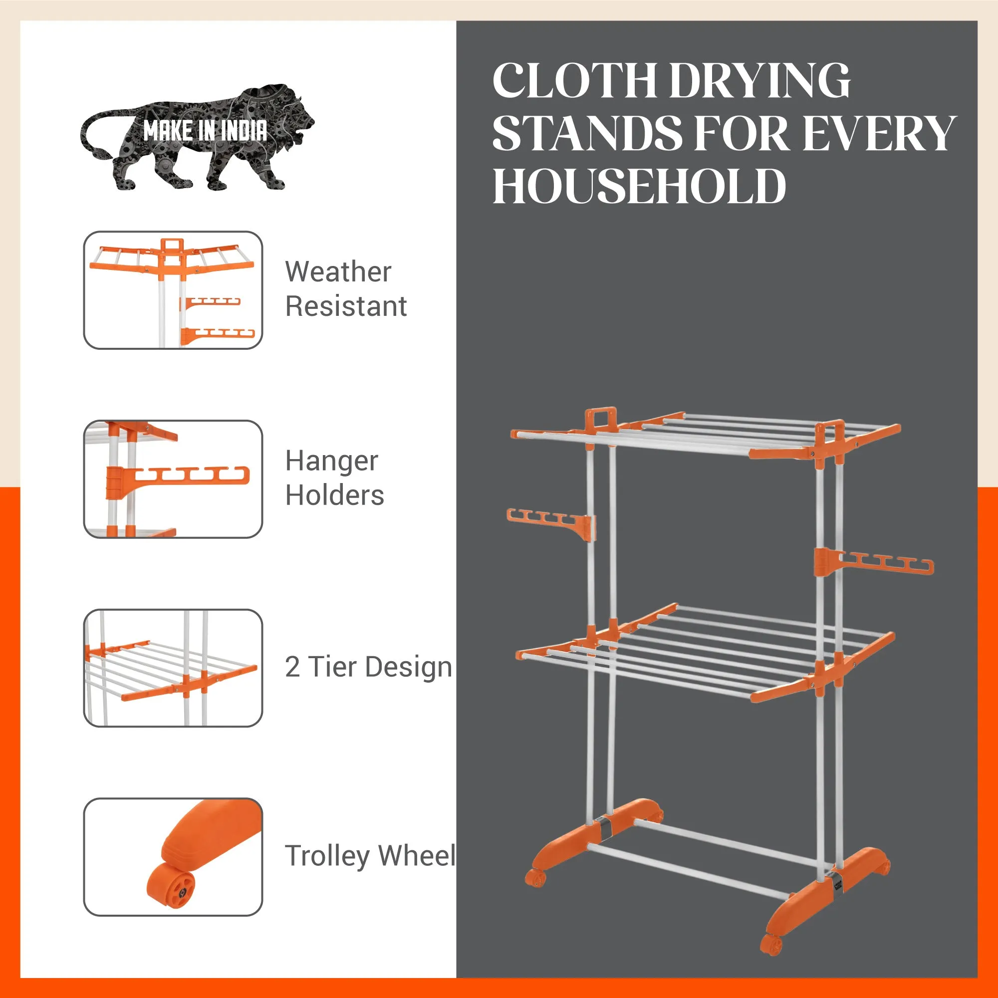 Bathla Mobidry Terra 2 Level Steel Modular Cloth Drying Stand For Home (Orange - Medium) Made in India