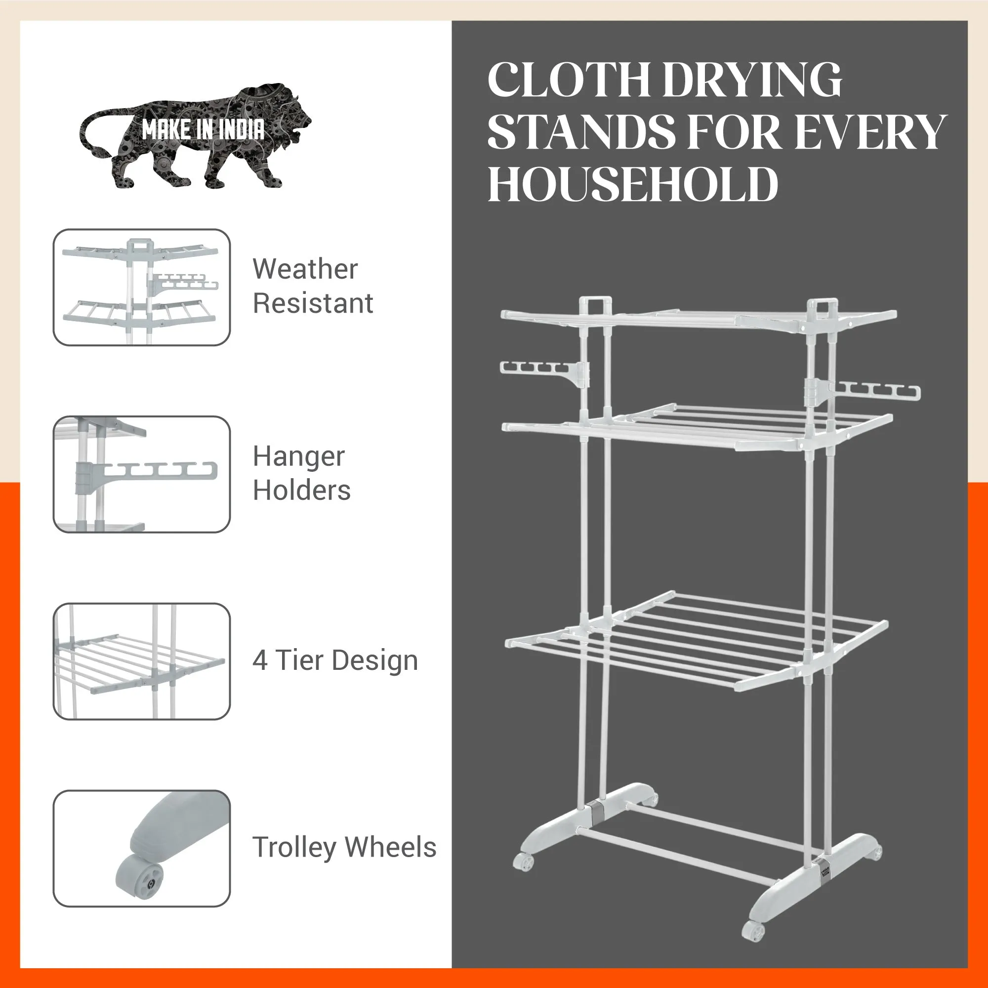 Bathla Mobidry Terra 3 Level Steel Modular Cloth Drying Stand For Home (Grey - Large) Made in India