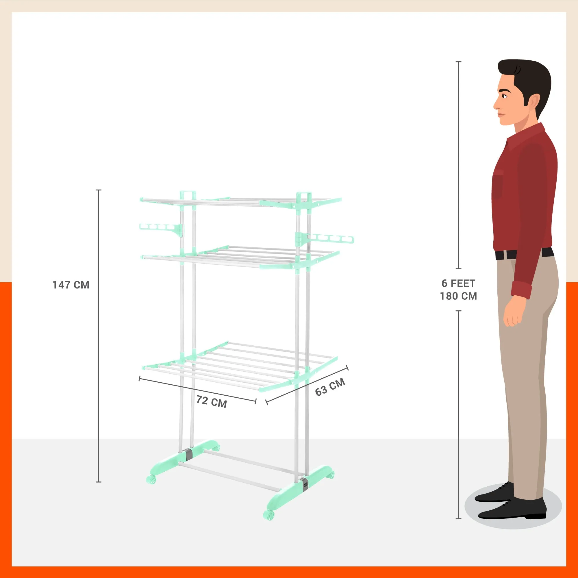 Bathla Mobidry Terra 3 Level Steel Modular Cloth Drying Stand For Home (Teal - Large) Made in India