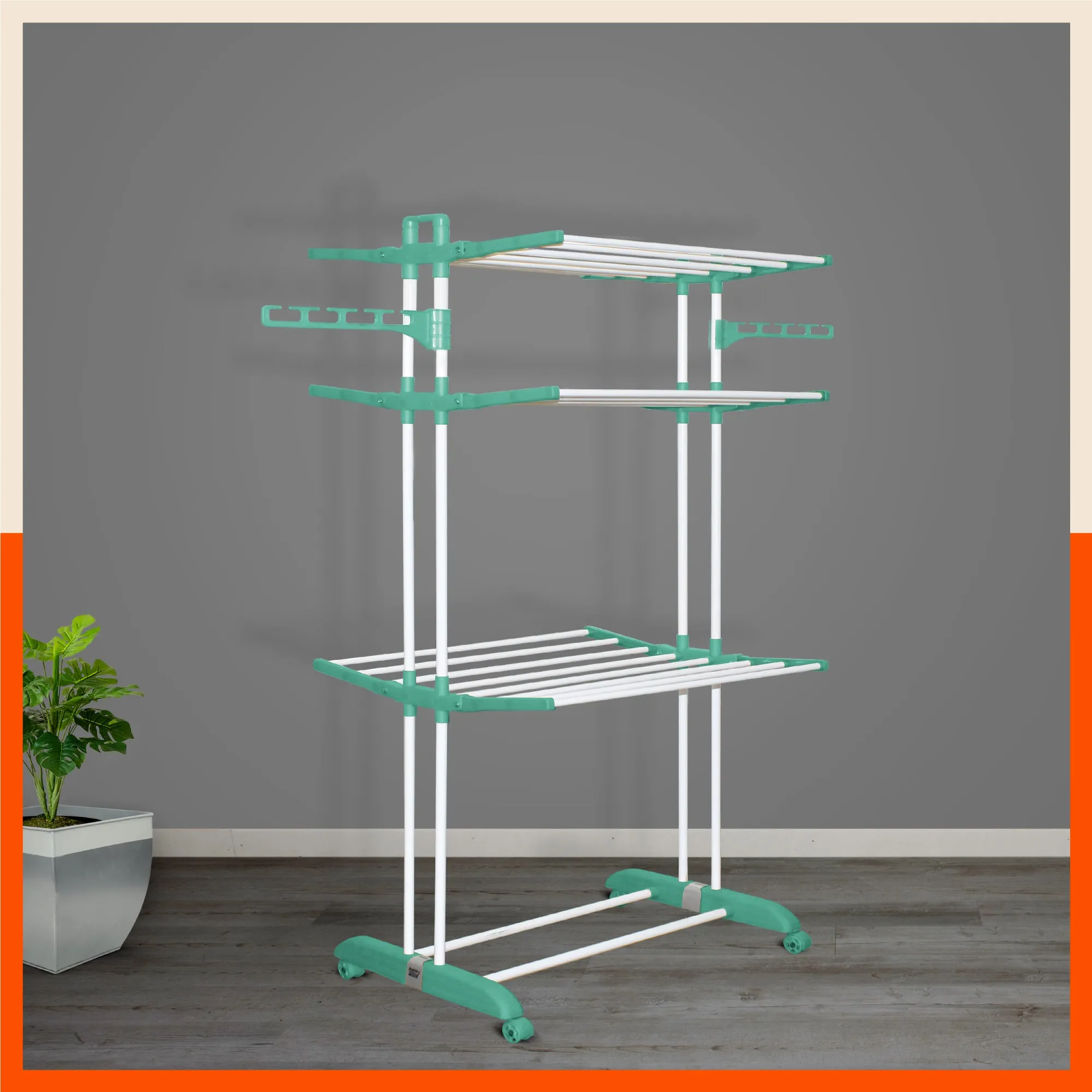 Bathla Mobidry Terra 3 Level Steel Modular Cloth Drying Stand For Home (Teal - Large) Made in India