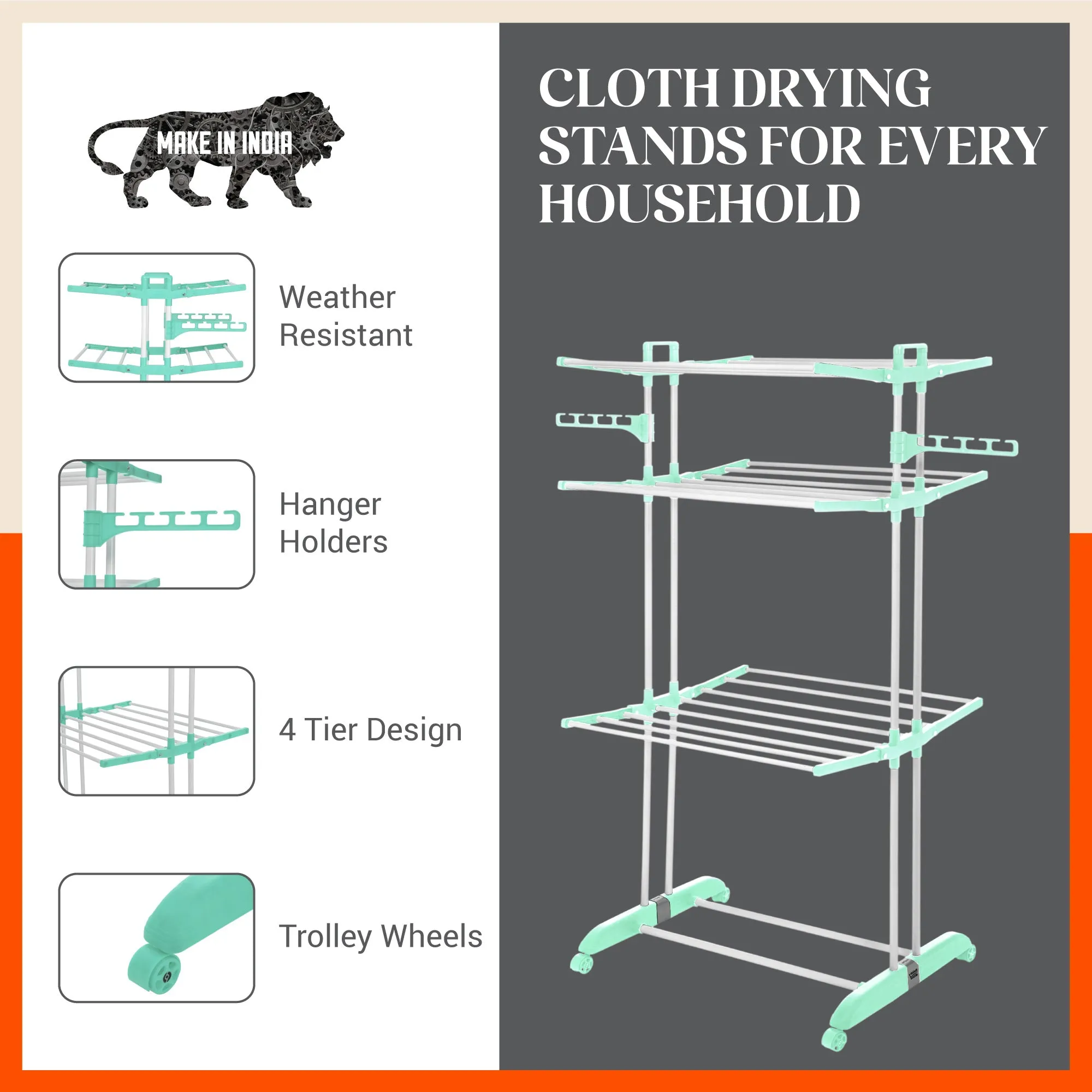 Bathla Mobidry Terra 3 Level Steel Modular Cloth Drying Stand For Home (Teal - Large) Made in India