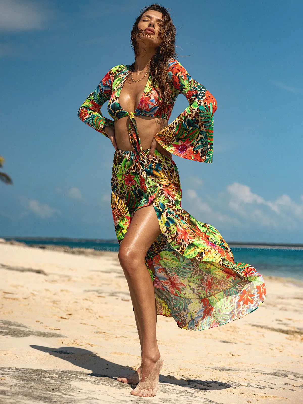 Bell Sleeve Crop-Ruffled High-Lo Slit Skirt