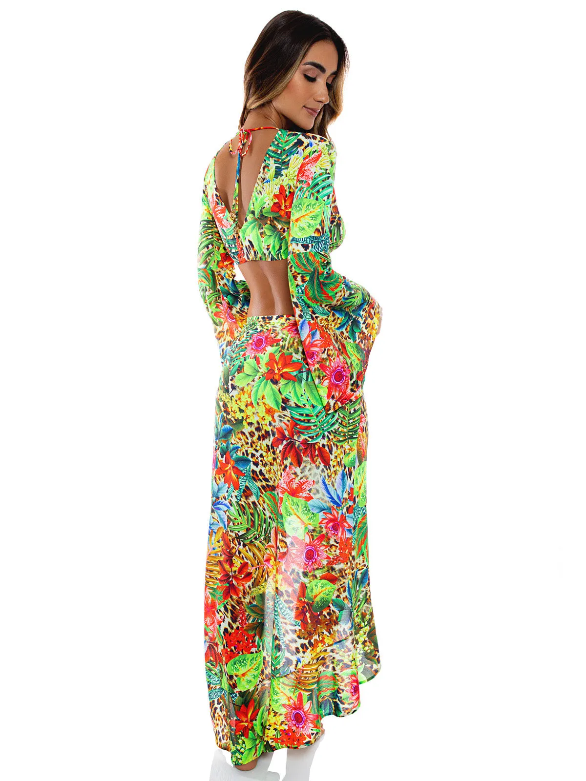 Bell Sleeve Crop-Ruffled High-Lo Slit Skirt