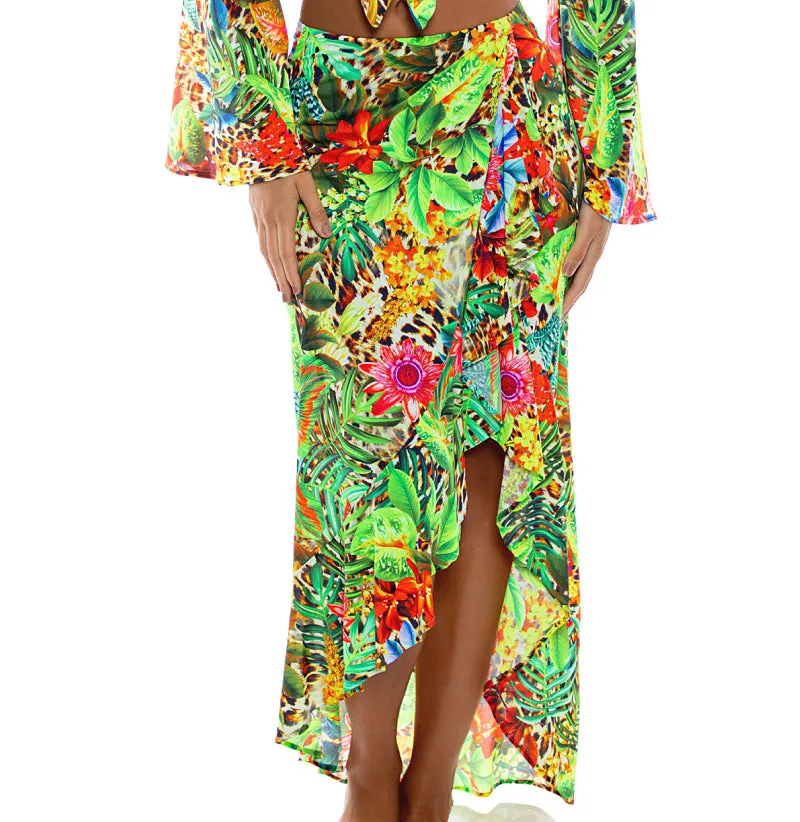 Bell Sleeve Crop-Ruffled High-Lo Slit Skirt