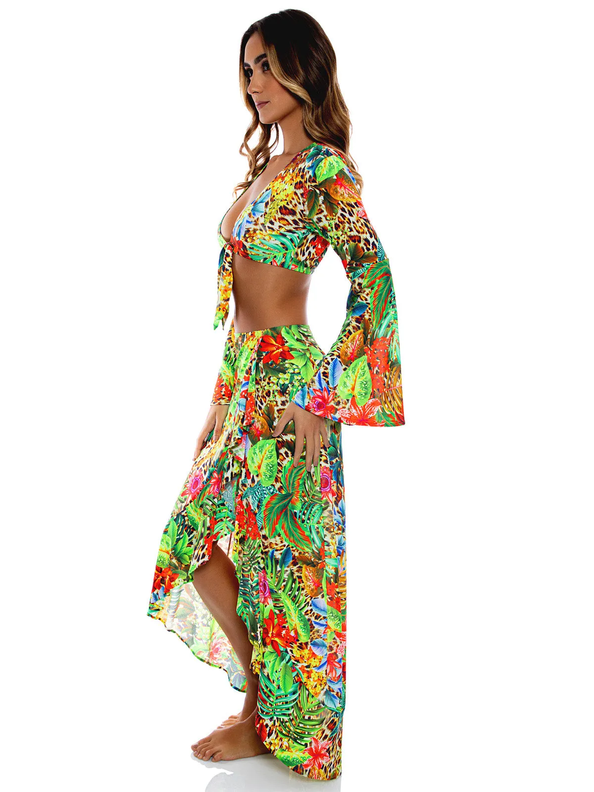 Bell Sleeve Crop-Ruffled High-Lo Slit Skirt