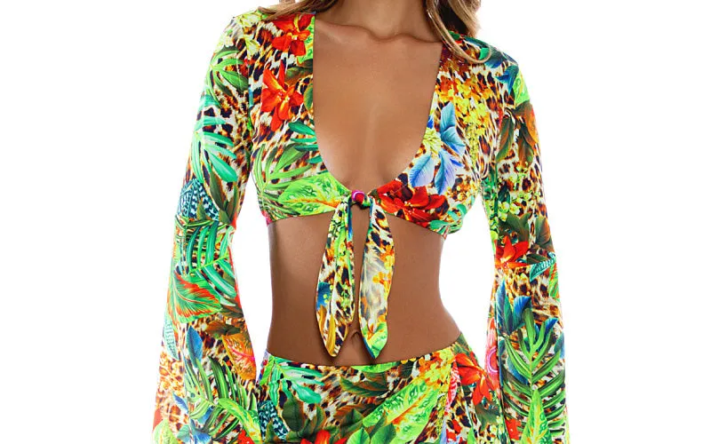Bell Sleeve Crop-Ruffled High-Lo Slit Skirt