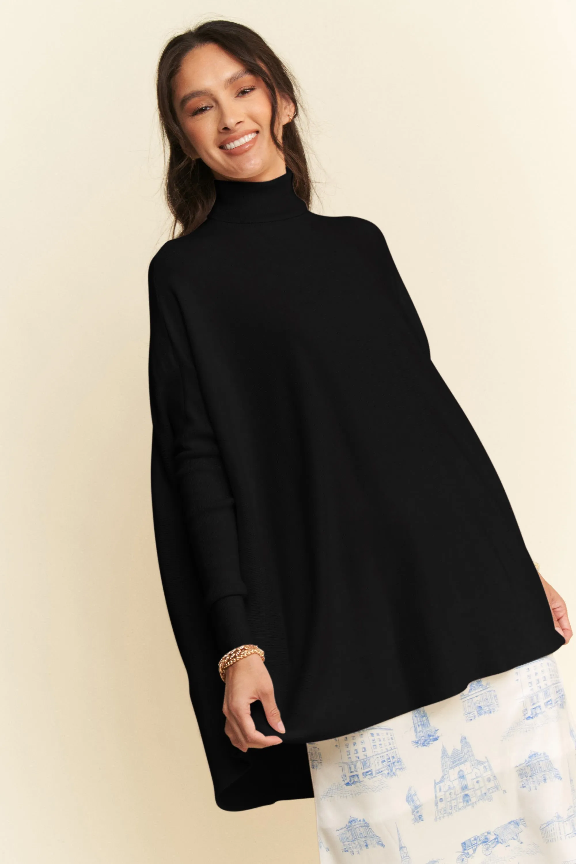 Black High-Low Turtleneck Long Sleeve Knit Top