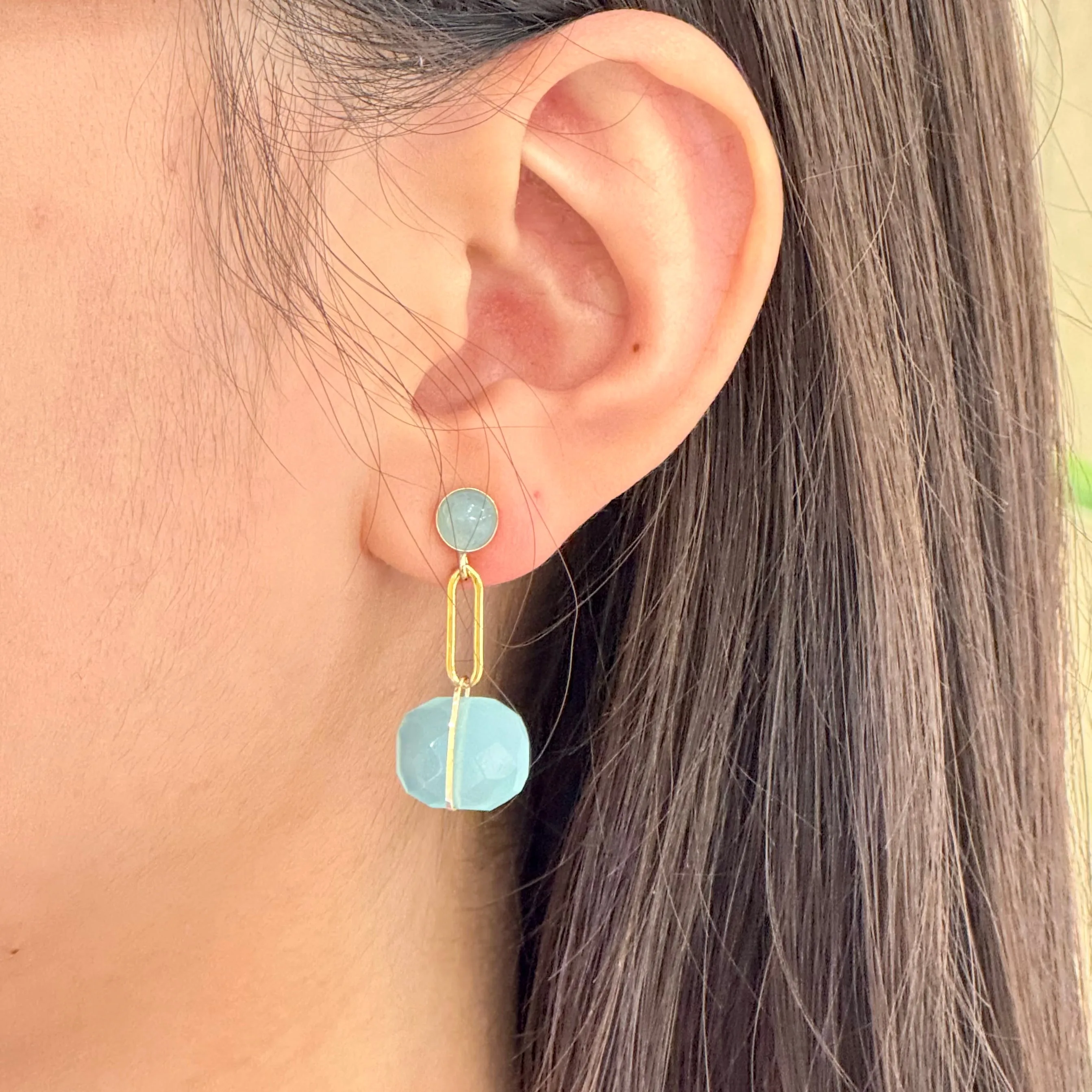 Blue Chalcedony Link Aquamarine Post Earrings