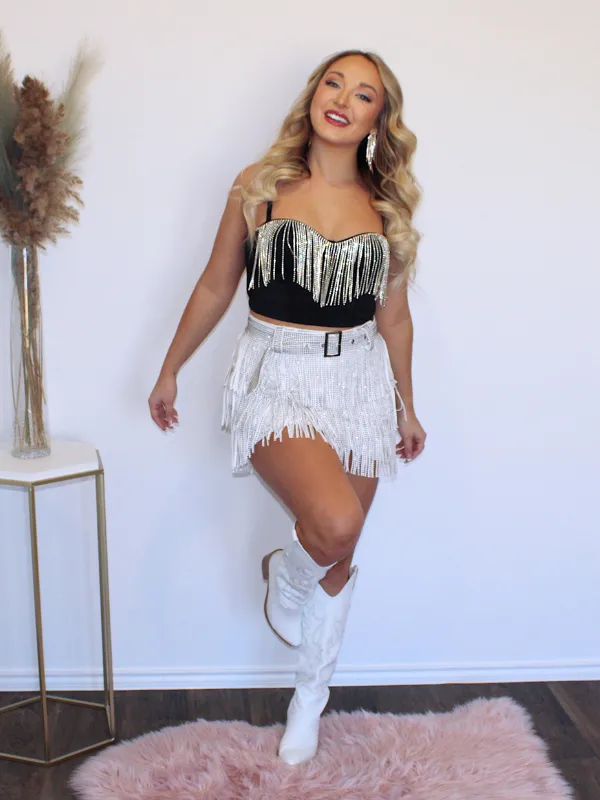 Broadway Girl Rhinestone Fringe Top, Black