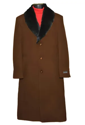 Brown Fur Collar 3 Button Wool Ankle length Overcoat ~ Long men's Dress Topcoat - Winter coat