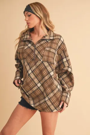 Brown Slit Plaid Half Zip Drop Shoulder Top