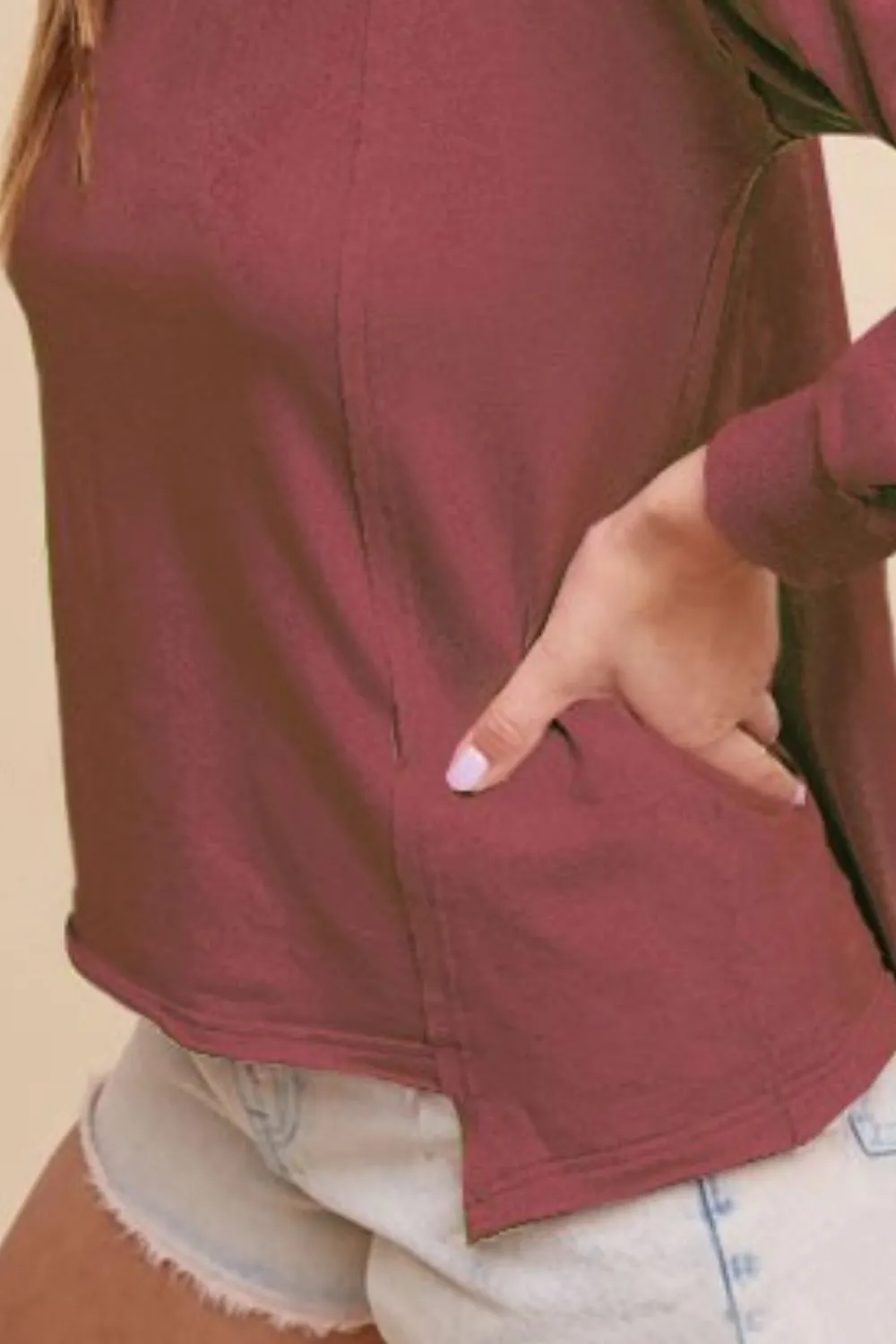 Burgundy Embroidered Long Sleeve French Terry Top