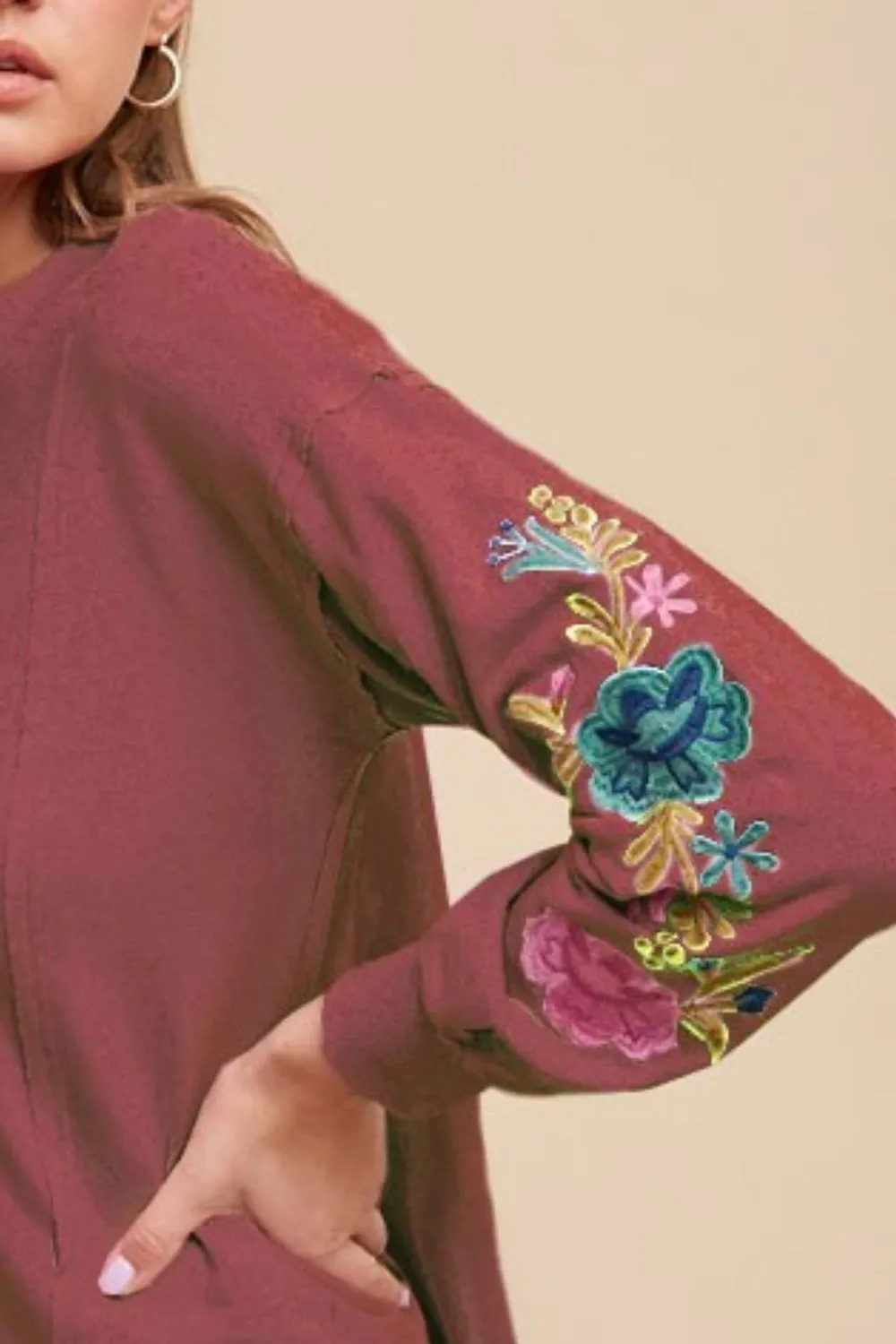 Burgundy Embroidered Long Sleeve French Terry Top