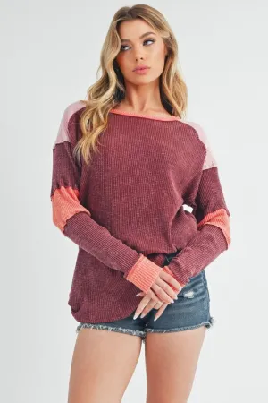 Burgundy Raw Seam Color Block Round Neck Knit Top