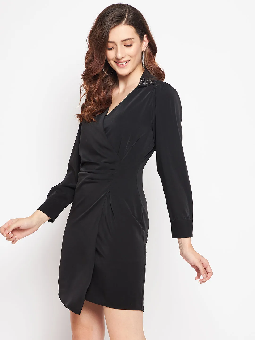 Camla Barcelona Embellished Neck Ruched Front Mini Black Dress For Women