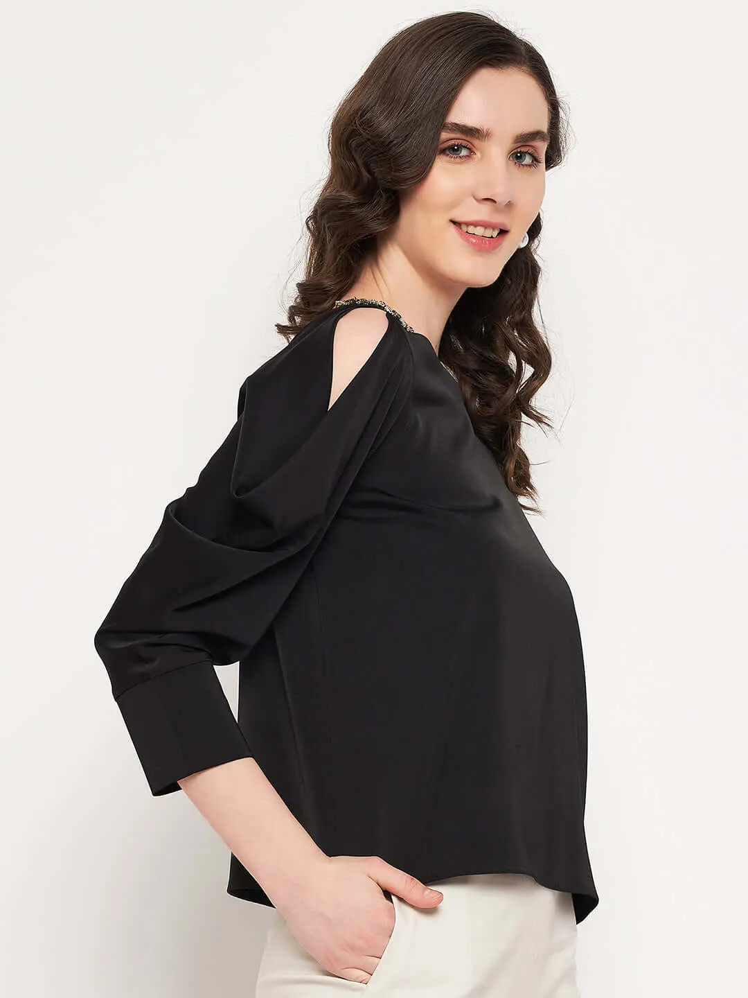 Camla Barcelona Women’S Black Cold Shoulder Cowl Sleeves