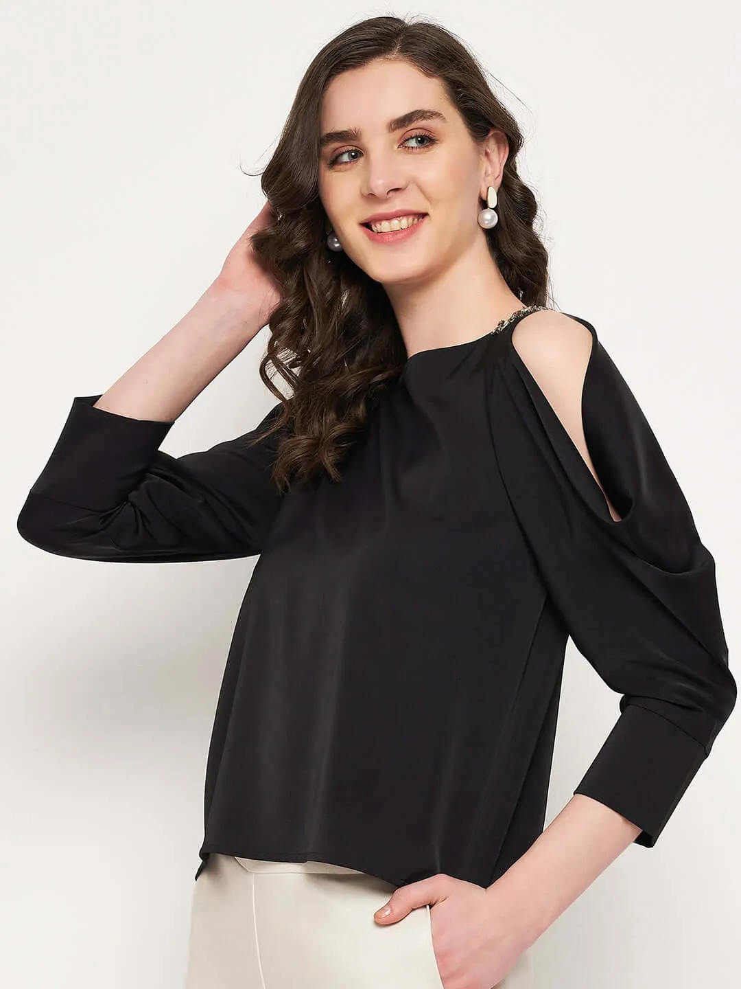 Camla Barcelona Women’S Black Cold Shoulder Cowl Sleeves
