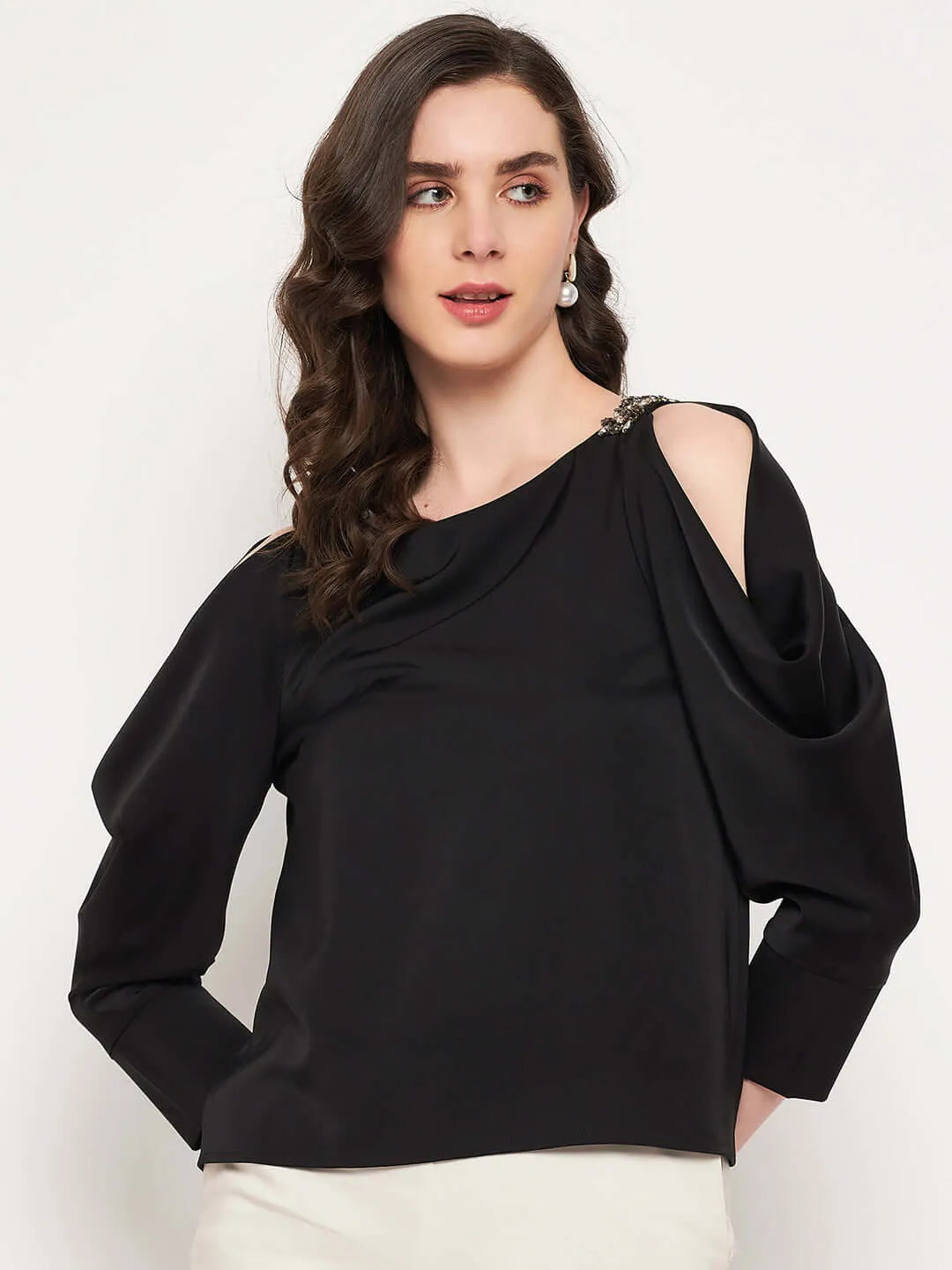 Camla Barcelona Women’S Black Cold Shoulder Cowl Sleeves