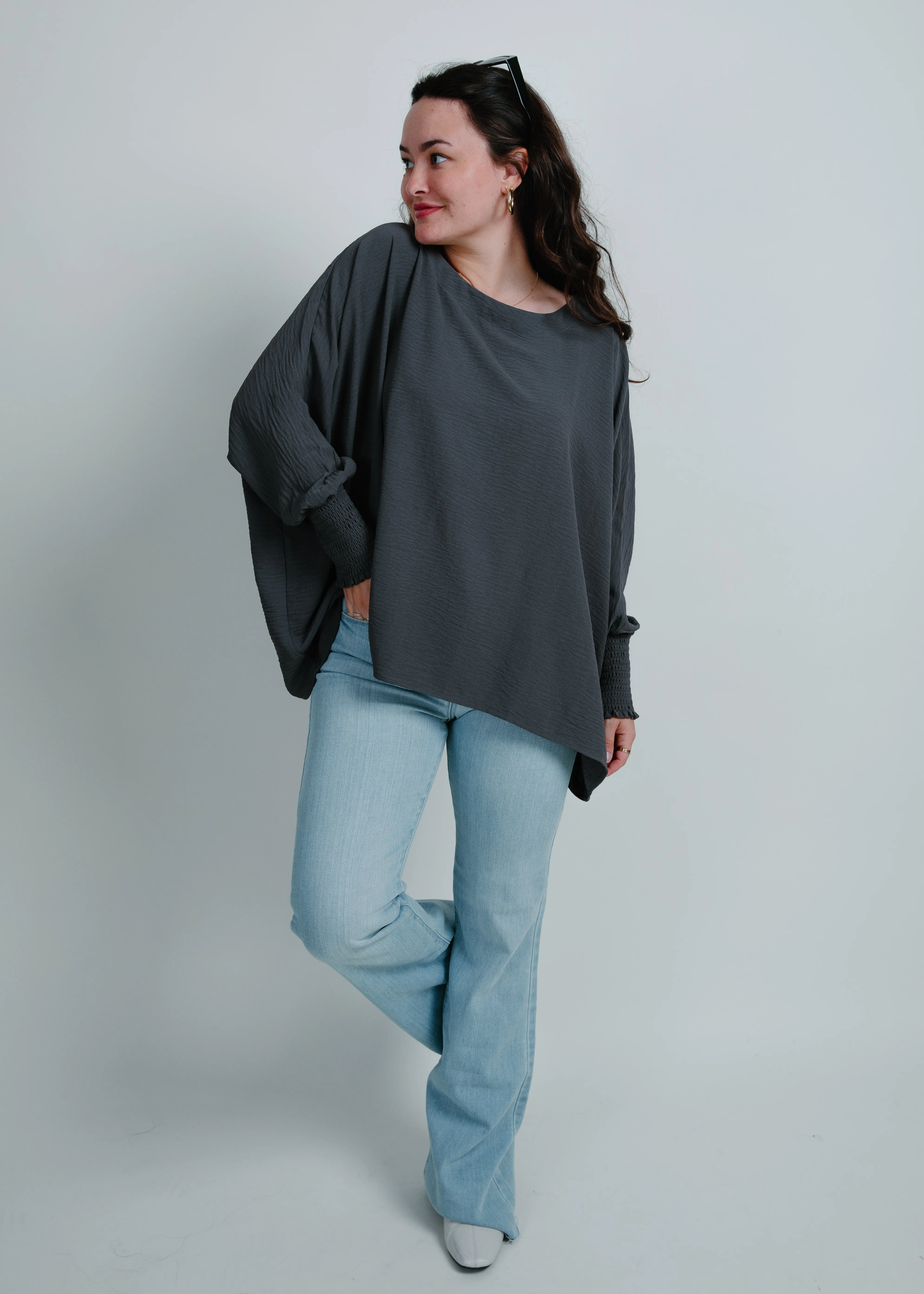 Carlie Boat Neck Oversize Top - Charcoal