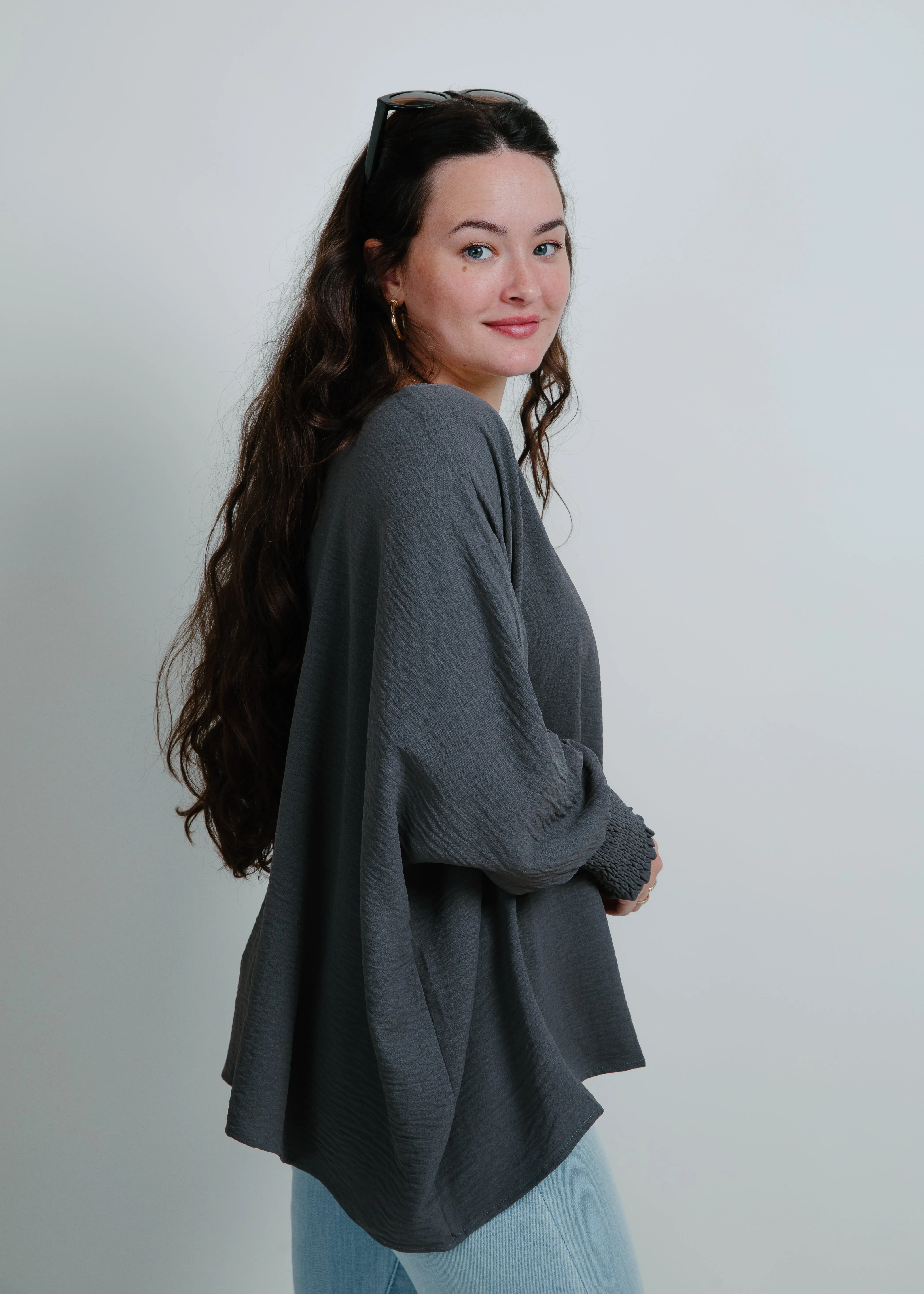 Carlie Boat Neck Oversize Top - Charcoal
