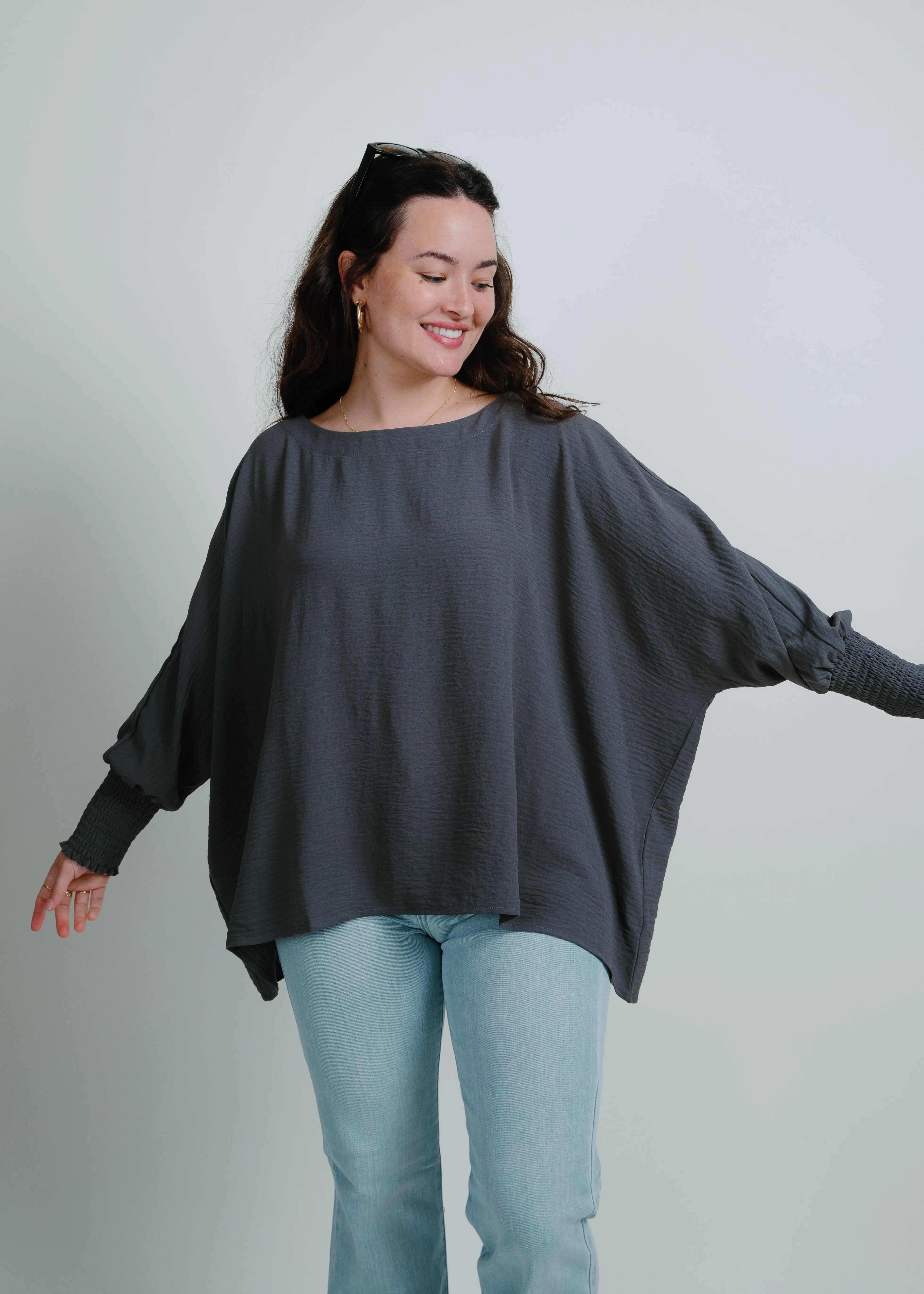 Carlie Boat Neck Oversize Top - Charcoal