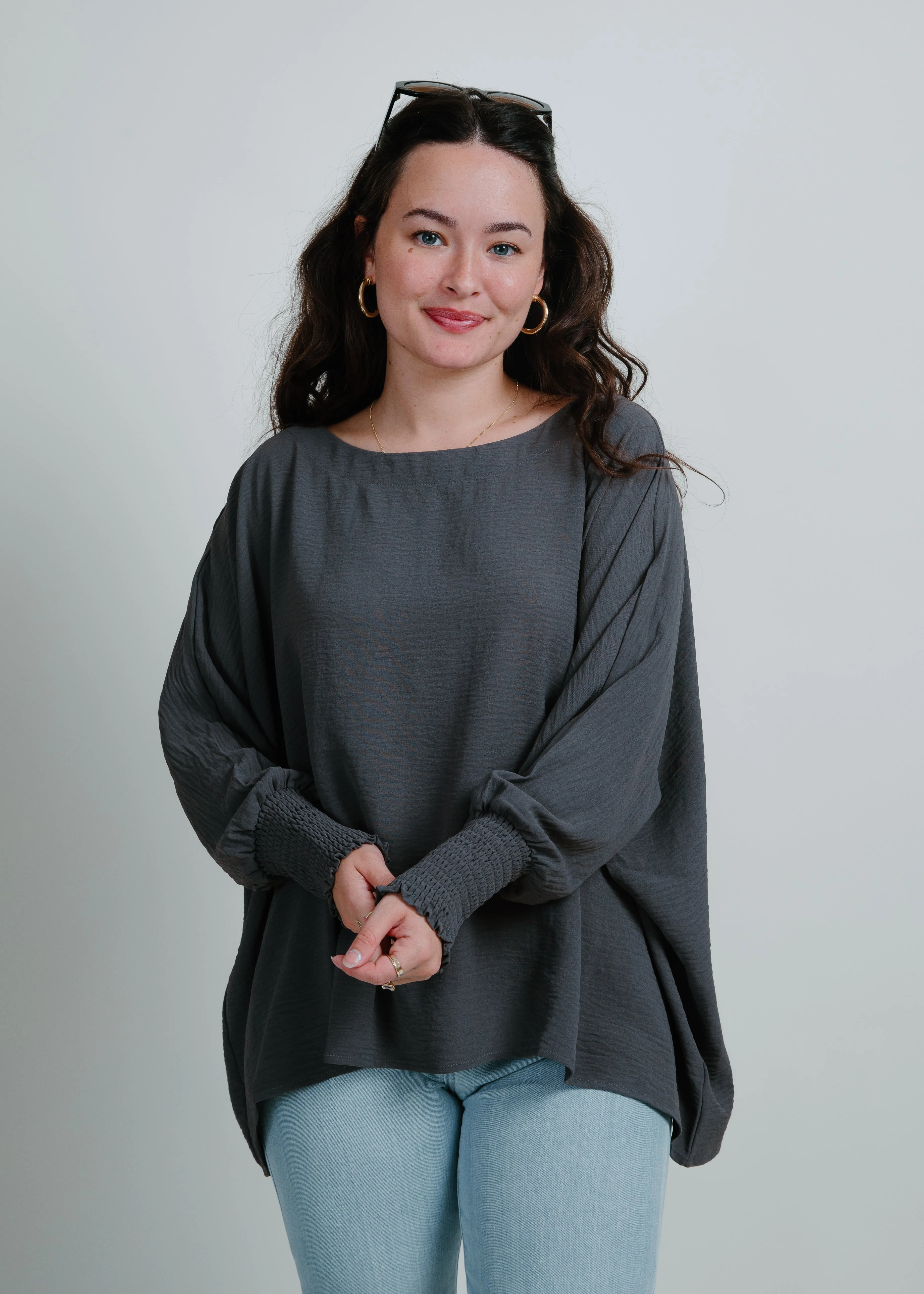 Carlie Boat Neck Oversize Top - Charcoal