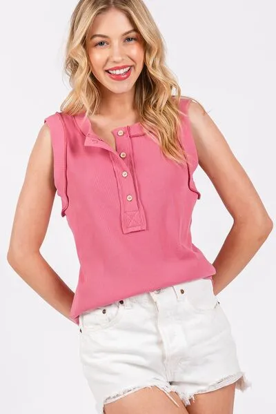 Ces Femme Stitch Detail Half Button Ribbed Tank