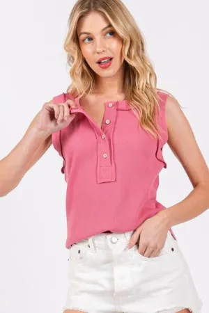 Ces Femme Stitch Detail Half Button Ribbed Tank
