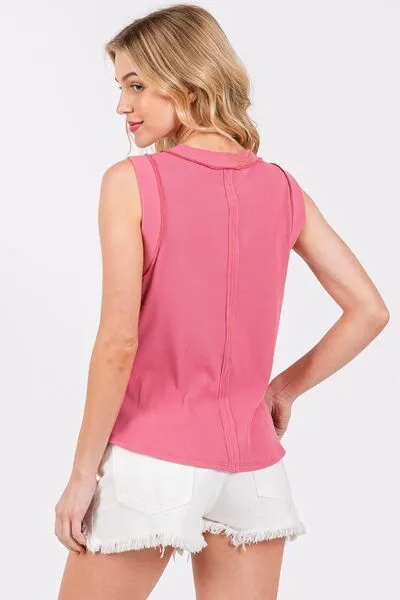 Ces Femme Stitch Detail Half Button Ribbed Tank