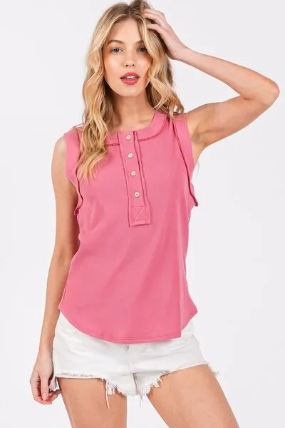Ces Femme Stitch Detail Half Button Ribbed Tank