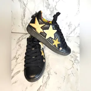 COACH Black Leather Low Top Sneakers Shoes with Star Patches size 7.5B