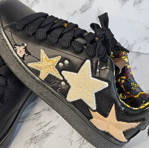 COACH Black Leather Low Top Sneakers Shoes with Star Patches size 7.5B