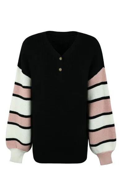 Color Block Striped Sleeve V-Neck Dropped Shoulder Top (2 Colors)