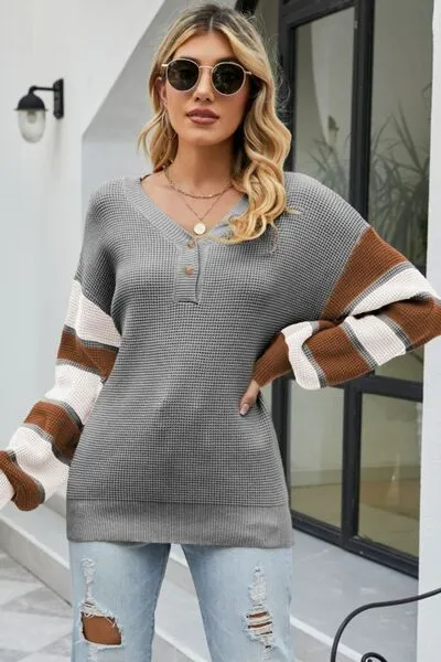 Color Block Striped Sleeve V-Neck Dropped Shoulder Top (2 Colors)