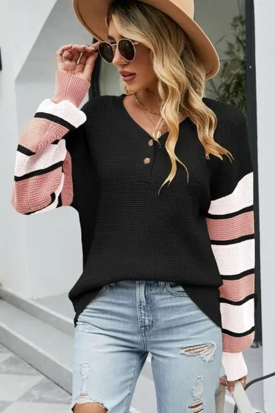 Color Block Striped Sleeve V-Neck Dropped Shoulder Top (2 Colors)