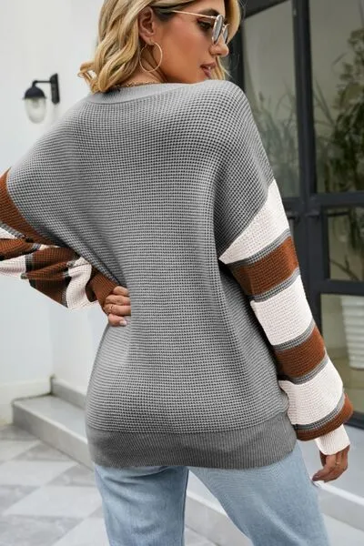 Color Block Striped Sleeve V-Neck Dropped Shoulder Top (2 Colors)