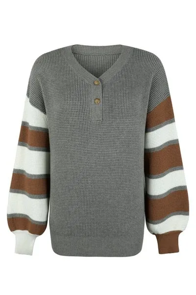 Color Block Striped Sleeve V-Neck Dropped Shoulder Top (2 Colors)