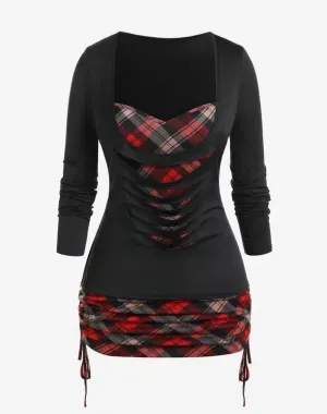 Contrast Plaid Fake Two-Piece Cutout Drawstring Top